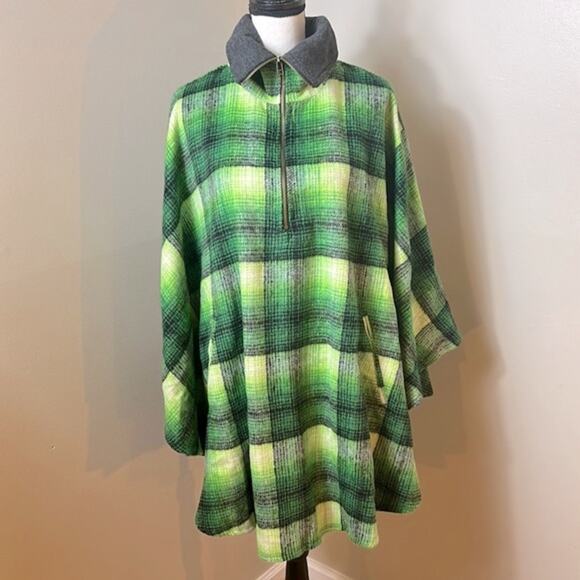 NEW Free People Woodstock green brushed plaid collared 3/4 zip poncho jacket - Picture 4 of 11